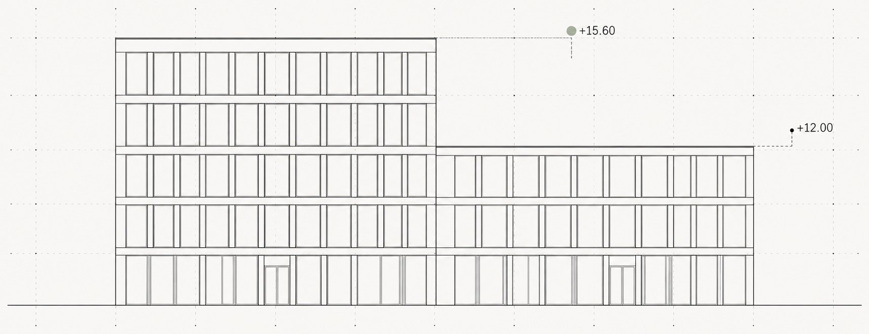 Street elevation of a two-volume building with levels +15.60 and +12.00